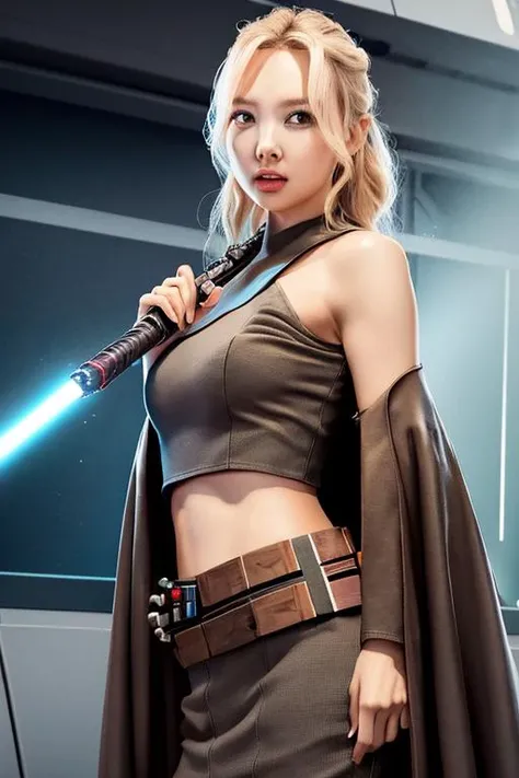 imnayeon as a jedi sith <lora:imnayeon:1>, modelshoot style, (extremely detailed CG unity 8k wallpaper), photo of the most beautiful artwork in the world, professional majestic oil painting by Ed Blinkey, Atey Ghailan, Studio Ghibli, by Jeremy Mann, Greg Manchess, Antonio Moro, trending on ArtStation, trending on CGSociety, Intricate, High Detail, (Sharp focus:1.1), dramatic, photorealistic painting art by midjourney and greg rutkowski, (natural light:1.1), (star wars ship interior:1.3), ((stormtroopers in the background)), (looking at viewer), (detailed eyes:1.2), (wielding a red lightsaber:1.1), (defiance512:1.2), fight scene, (darth vader in background)
