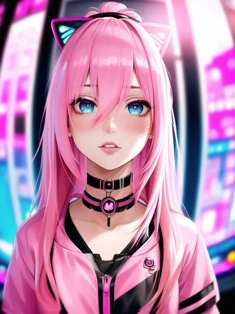 (focus on eyes, shaded, photo, pink hair, blush, insanely detailed, bloom:1.5),
(photorealistic, masterpiece, dynamic angle, highest quality, intricate, Alessandro Casagrande, Greg Rutkowski, Sally Mann, athletic wet punk teen body, cute geek, pink neon jacket, catgirl, neko, concept art, 4k, close-up, from below:
(portrait, choker, colourful, cyberpunk),
high sharpness, extreme saturation and contrast, fisheye