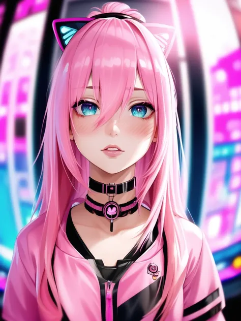 (focus on eyes, shaded, photo, pink hair, blush, insanely detailed, bloom:1.5),
(photorealistic, masterpiece, dynamic angle, highest quality, intricate, Alessandro Casagrande, Greg Rutkowski, Sally Mann, athletic wet punk teen body, cute geek, pink neon jacket, catgirl, neko, concept art, 4k, close-up, from below:
(portrait, choker, colourful, cyberpunk),
high sharpness, extreme saturation and contrast, fisheye