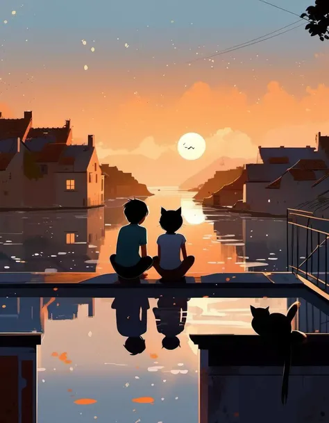 <lora:Pascal Campion Style:1>Pascal Campion Style -
two children, cat, sitting on the roof, looking towards the river, morning, dawn from Pascal Campion