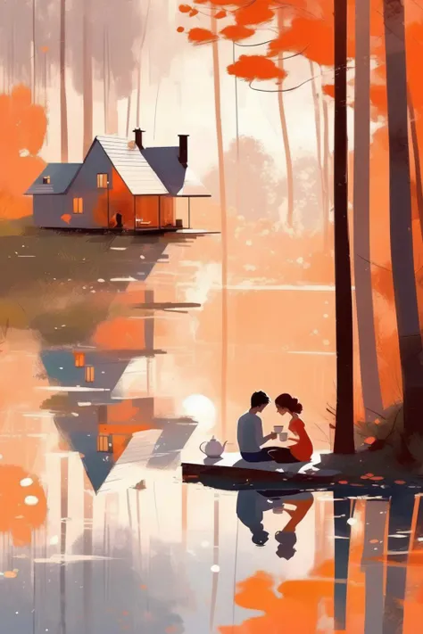 <lora:Pascal Campion Style:1>Pascal Campion Style - a beautiful young couple sitting on a blanket by a lake in a woods drinking tea, a modern two stories house near