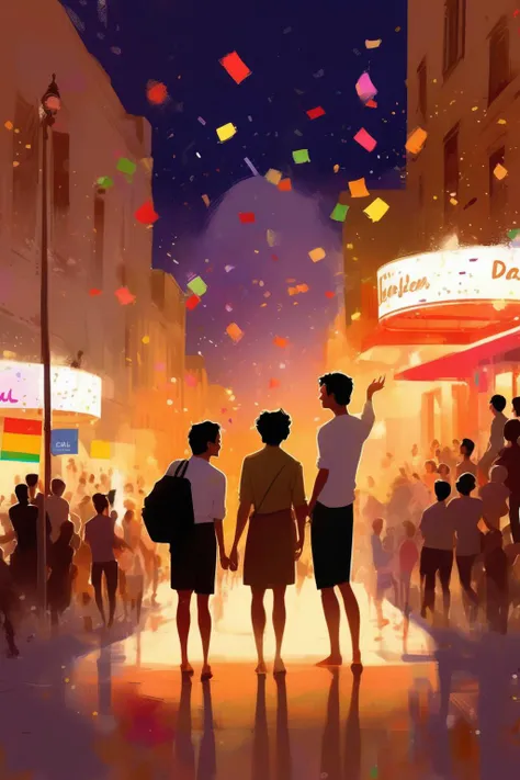 <lora:Pascal Campion Style:1>Pascal Campion Style - A lively digital illustration capturing the joy of visiting a cinema during Gay Pride Month, adopting the vibrant and whimsical style of artist Pascal Campion. The scene should depict a variety of individuals entering a cinema, the theater marquee showcasing titles of iconic LGBTQ+ films like "Milk", "Call Me By Your Name", and "Priscilla, Queen of the Desert". The style should create an atmosphere of anticipation and community, embodying the shared experience of movie-going. Lighting should be evening twilight, with the marquee lights shining brightly against the encroaching dusk. Colors should incorporate the radiant hues of the Pride flag, possibly reflected in the characters' clothing and the vibrant marquee. The composition should be an inviting street view shot, with the glowing cinema in the center and the bustling crowd heading towards it.
