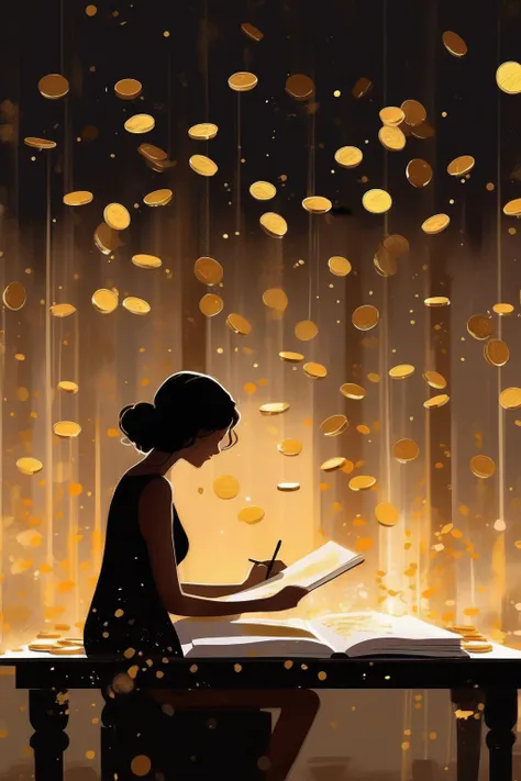 <lora:Pascal Campion Style:1>Pascal Campion Style - Tourism illustration, black and gold tons, 4k, HQ,minimalistic, a woman writing on a book that emanate gold coins and shine bright