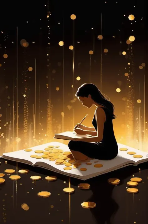 <lora:Pascal Campion Style:1>Pascal Campion Style - Tourism illustration, black and gold tons, 4k, HQ,minimalistic, a woman writing on a book that emanate gold coins and shine bright