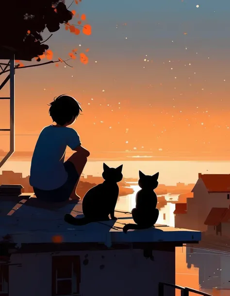 <lora:Pascal Campion Style:1>Pascal Campion Style -
two children, cat, sitting on the roof, looking towards the river, morning, dawn from Pascal Campion