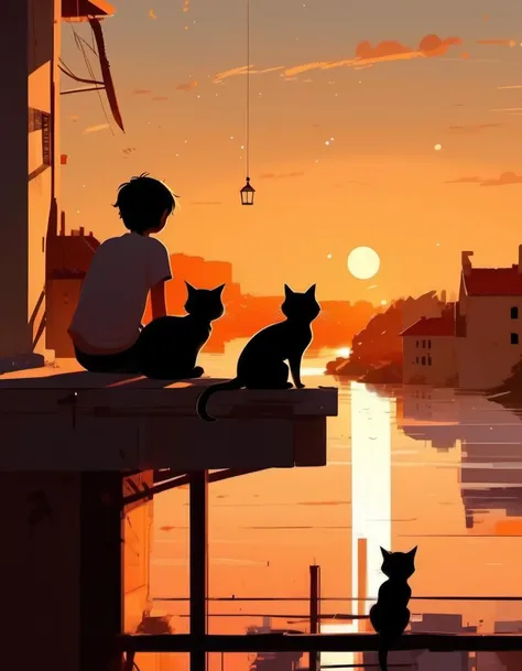 <lora:Pascal Campion Style:1>Pascal Campion Style -
two children, cat, sitting on the roof, looking towards the river, afternoon, sunset from Pascal Campion
