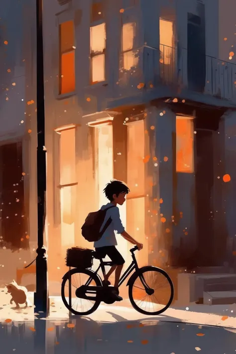 <lora:Pascal Campion Style:1>Pascal Campion Style - a boy riding bicycle on the street,holding a kate, house