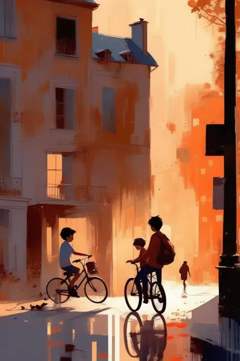 <lora:Pascal Campion Style:1>Pascal Campion Style - a boy riding bicycle on the street,holding a kate, house