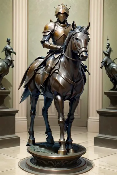 (medium full shot) of (graceful silver statue) on horseback,  ,  shield, located in  a majestic castle, featuring towering spires, grand halls, intricate tapestries, serene courtyards, stylish seating , at dawn, Masterpiece,best quality, photo, realistic, very aesthetic,