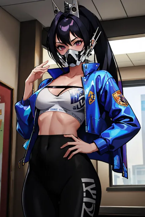 (masterpiece, best quality:1.2), cowboy shot, solo, 1girl, sin \(nikke\), looking at viewer, hand on hip, mask, jacket, pants, indoors <lora:sin-nikke-richy-v1:1>