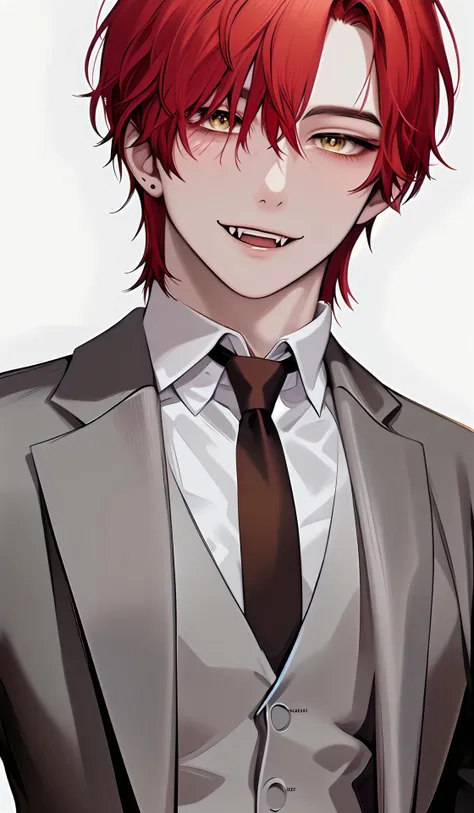 1boy, male focus,solo, red hair, formal, black necktie, shirt, short hair, suit, looking at viewer, fangs, yellow eyes, collared shirt, smile,simple background,<lora:kr-maleface:0.9>