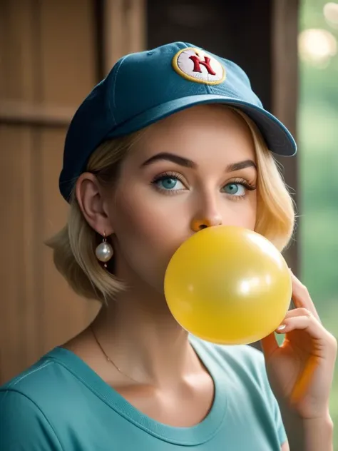 1girl, blowing balloon, cute, happy, inviting, radiating rustic charm, aqua eyes, baseball cap, blonde hair, earrings, hat, jewelry, shirt, short hair, solo, short yellow shirt, too tight clothes, <lora:Blowing_balloon:0.8>