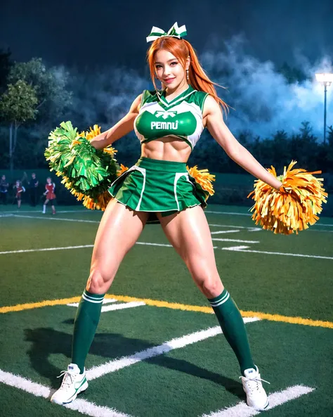 (full body:1.4), a_photo_of a girl, (solo focus), Orange_color hair, side_ponytail, long hair,
camouflage_green (cheerleader uniform:1.4),
(huge breast:1.2), abs, (thick thighs:1.2), in highheels,
(incoming-attack_pose:1.4),
rainy peninsula, geyser, bridge, tunnel, misty, earth, peninsula,
(best quality, detailed:1.4), realistic,
<lora:Neno:0.4> <lora:FakebreastsV4Del-000003:0.42> <lora:thicc_v2.3:0.52>