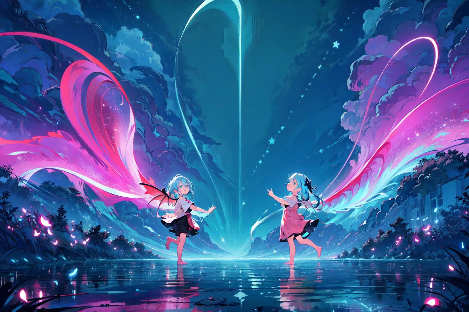 natural lighting, soft lighting, backlight,(dreamlike beauty night:1.3), HDR (High Dynamic Range), Maximum Clarity And Sharpness, Multi-Layered Textures,
<lora:4960_fireflies:0.9> (neon blue fireflies:1.2),(many kids,glowing bright blue eyes,smile,playing,happy:1.5),perfect hands,perfect legs,perfect fingers,pure,(giant wings made up of points of light from fireflies,the beautiful starry sky is reflected in the eyes of child:1.3)
<lora:Neno:0.8> Neon Light