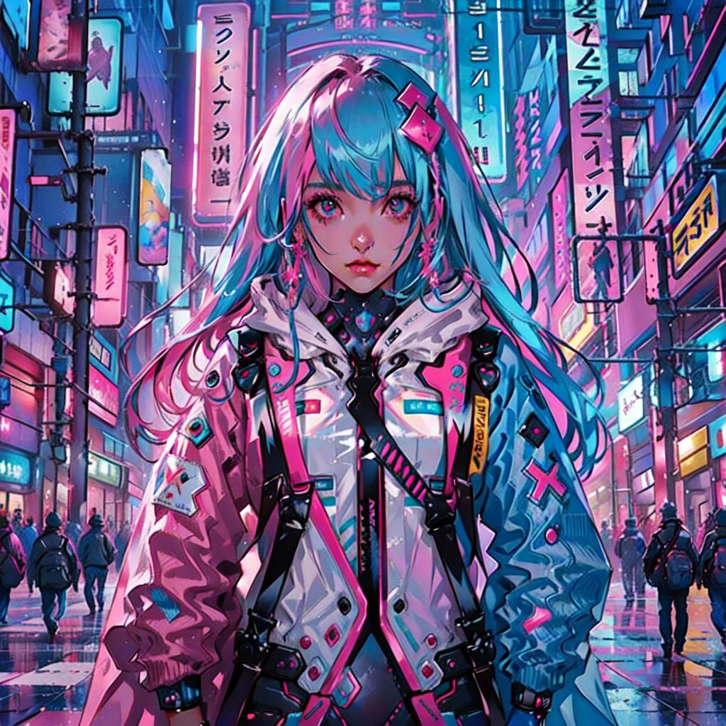 1girl, humanoid robot, long hair, pink cape, upper body, mall, futuristic, pastel colors, looking at viewer, neon trim, fighting stance, <lora:pastelcolorV1:0.65>, <lora:Neno:1>