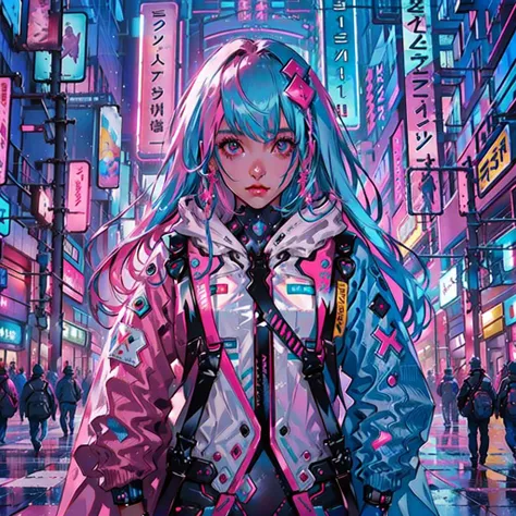 1girl, humanoid robot, long hair, pink cape, upper body, mall, futuristic, pastel colors, looking at viewer, neon trim, fighting stance, <lora:pastelcolorV1:0.65>, <lora:Neno:1>