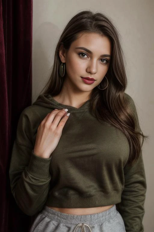 A half body photo of a attractive swedish woman 20 y.o., NSFW, flashing, (boobs:1.1),
Sweatpants and sweatshirt, Baroness, Short, Fit, Heart-Shaped Face, Olive Skin, Light Brown Hair, Brown Eyes with Green Flecks, Wide Nose, Pouty Lips, Prominent Chin, Long Hair, Straight Hair, Low Updo, large breasts, Threader earrings, burgundy velvet lipstick, twirling, waving,
moles, skin imperfection,
Masterpiece, hi res, 8k, award winning, RAW photo, high quality, 35mm photograph, film grain, bokeh, professional, 4k, highly detailed, <lora:epiCRealismHelper:0.7> <lora:more_details:0.5>