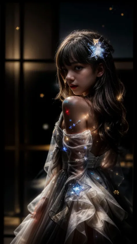 <lora:fanxing:0.7>masterpiece,best quality,highres,1girl,(long_white_hair:1.2),stars in the eyes,messy floating hair,colored inner hair,Starry sky adorns hair,tullece,see_through,(((glistening light))),(Luminous),detailed shadow,meteor,fanxing,stars in white dress,tuxedo,<lora:SD Add more details:0.75>