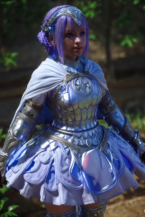 (masterpiece, best quality), 1girl, <lora:laeticia_aucerius:1> Short cape, Armor, White frills, Hair ornament, Blue eyes, Light purple hair, White dress