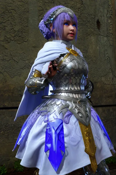 (masterpiece, best quality), 1girl, <lora:laeticia_aucerius:1> Short cape, Armor, White frills, Hair ornament, Blue eyes, Light purple hair, White dress
