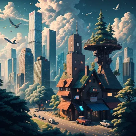 <lora:Iso-Pixel:1> Iso-Pixel, city, forest, clouds, birds, vehicles, inside box