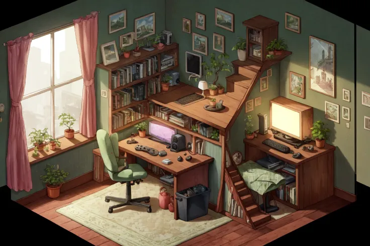 tree, cup, pillow, book, no humans, window, bed, chair, table, bottle, plant, box, scenery, couch, desk, wooden floor, stairs, door, clock, bookshelf, potted plant, lamp, controller, computer, television, monitor, game controller, shelf, game console, keyboard (computer), trash can, carpet, mouse (computer)  <lora:Iso-Pixel:1>