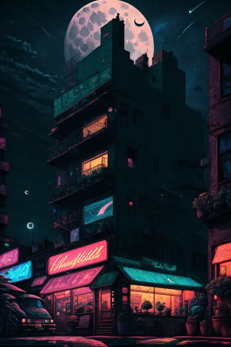 no humans, outdoors, sky, night, moon, plant, building, star (sky), night sky, scenery, city, sign, potted plant, wide shot, crescent moon, neon lights 
 <lora:Iso-Pixel:1>