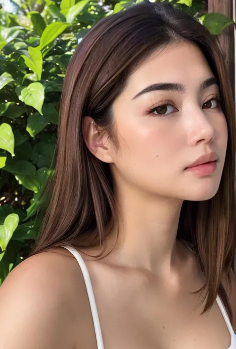 (masterpiece), a stunning intricate real camera (portrait by Hamada Hideaki), best quality, unity 8k wallpaper, ((photorealistic:1.4)), ultra detailed, extremely detailed, pretty, beautiful, aesthetic, natural lighting, subsurface scattering, 1woman, alluring (chubby face:0.2), (Curvy Body:0.7), pale skin, ((brown eyes)), black long hair, (hair blowing with the wind), ((detailed medium brown hair)), front shot, face focus, film grain, Pentax67II with Kodak portra 400 film, realistic oily skin, Skin inperfection <lora:Macela:0.8> <lora:more_details:0.15> (simple background) airy athmosphere, vivid lighting, moody outdoor ambient