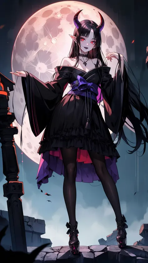 masterpiece, best quality, highres, absurdres, ultra detailed, pretty eyes, pretty_hands
Goth girl 1girl, ((black long hair)), red eyes, jewelry, necklace, pale skin, (makeup), ((black_lips)), glowing eyes, pointy_ears, demon_horns, lgoth kimono, sleeves past wrists, high heel boots, lace choker, pantyhose, smiling
moon, night, ancient_ruins, japanese_theme
<lora:Goth_girl-v16:0.9> <lora:g0thk1m0n0:0.7>