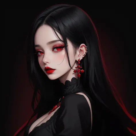 Goth girl, goth girl 1girl, 1girl,solo,long hair,breasts,looking at viewer,black hair,red eyes,dress,jewelry,upper body,earrings,parted lips,black dress,from side,lips,eyelashes,makeup,red lips, dark background, simple background, <lora:DetailedEyes_V3:0.8>, <lora:Goth_girl-v17-000001:0.8>