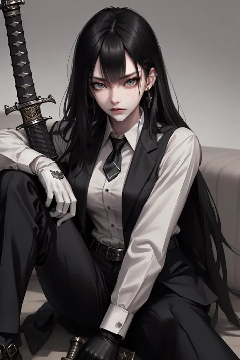Goth girl, goth girl 1girl, 1girl,solo,long hair,looking at viewer,bangs,shirt,black hair,gloves,long sleeves,holding,hair between eyes,jewelry,sitting,closed mouth,jacket,white shirt,weapon,earrings,necktie,black gloves,collared shirt,belt,pants,sword,holding weapon,black jacket,grey eyes,holding sword,black pants,formal,katana,suit,sheath,black necktie,knee up,sheathed,black suit, <lora:Goth_girl-v2:0.8>