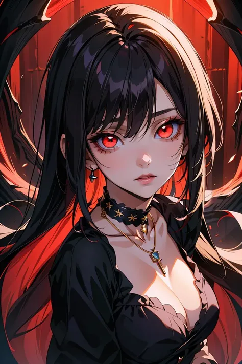 masterpiece, best quality, highres, absurdres, ultra detailed, pretty eyes,
Goth girl 1girl, solo, black long hair, red eyes, jewelry, necklace, makeup, lipstick, glowing eyes, 
 looking at viewer, cowboy  shot
 <lora:Goth_girl-v16:0.8>