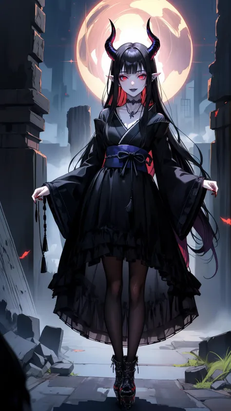 masterpiece, best quality, highres, absurdres, ultra detailed, pretty eyes, pretty_hands
Goth girl 1girl, ((black long hair)), red eyes, jewelry, necklace, pale skin, (makeup), ((black_lips)), glowing eyes, pointy_ears, demon_horns, lgoth kimono, sleeves past wrists, high heel boots, lace choker, pantyhose, smiling
night, ancient_ruins, japanese_theme 
<lora:Goth_girl-v16:0.9>   <lora:g0thk1m0n0:0.7>