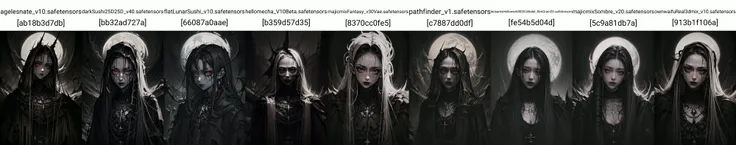 Goth girl 1girl, solo, long hair, looking at viewer, red eyes, jewelry, necklace, makeup, lipstick, black background, portrait, glowing eyes, <lora:Goth_girl-v1.5:0.8>
<lora:vergvoktre_finetuned:0.8> by vergvoktre, dramatic, gritty, intense, distorted face, nightmare, intricate details, hyperdetailed, cinematic, dark shot, film grainy, soothing tones, muted colors, technicolor
BREAK
outdoors, twilight, raytracing <lora:add_detail:1>
BREAK
<lora:Dark_Art:1> d4rk4rt artstyle, monochrome, greyscale