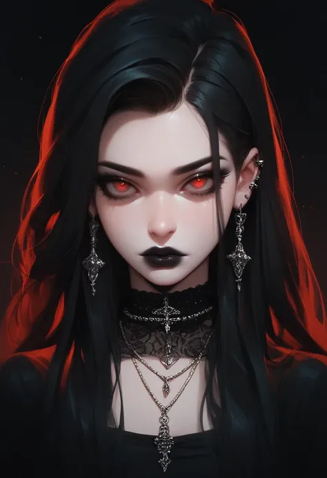 score_9, score_8_up, score_7_up, Goth girl, goth girl 1girl, 1girl,solo,long hair,looking at viewer,red eyes,jewelry,necklace,makeup,lipstick,black background,portrait,glowing eyes, <lora:Goth_girl_XL-v2:0.8>,