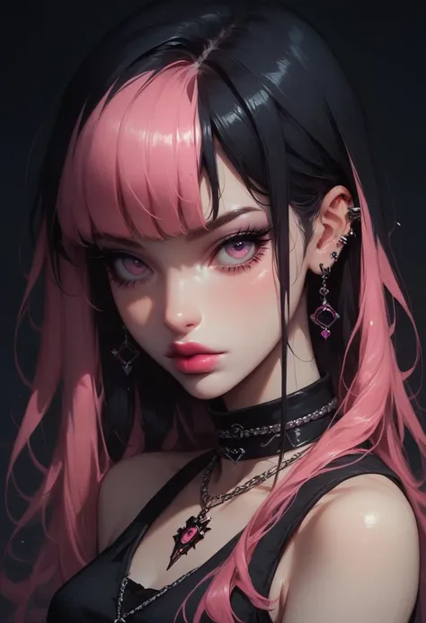 score_9, score_8_up, score_7_up, Goth girl, goth girl 1girl, 1girl,solo,looking at viewer,long hair,bangs,black hair,bare shoulders,jewelry,pink hair,multicolored hair, from above, sleeveless,pink eyes,necklace,two-tone hair,lips,makeup,lipstick,black background,portrait,spot color , <lora:Goth_girl_XL-v2:0.8>, <lora:Concept Art Twilight Style SDXL_LoRA_Pony Diffusion V6 XL:0.8>, <lora:[GP] somethingweird [Pony XL]:0.2>, <lora:g0th1cPXL:0.3>,