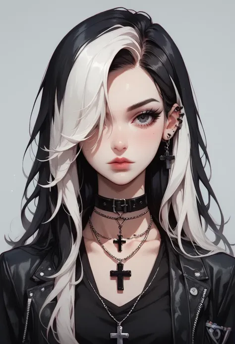 score_9, score_8_up, score_7_up, Goth girl, Goth girl 1girl 1girl,solo,long hair,looking at viewer,simple background,black hair,jewelry,white hair,multicolored hair,choker,black eyes,grey background,necklace,hair over one eye,two-tone hair,cross,portrait,,  <lora:[GP] somethingweird [Pony XL]:0.2>, <lora:g0th1cPXL:0.3>, <lora:Concept Art Twilight Style SDXL_LoRA_Pony Diffusion V6 XL:0.8>, <lora:Goth_girl_XL-v2:0.8>