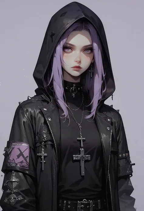 score_9, score_8_up, score_7_up, Goth girl, goth girl 1girl, monochrome, hood up, black pants, spot color, purple hair, black cat, grey background, shirt, purple background, cross, <lora:[GP] somethingweird [Pony XL]:0.2>, <lora:g0th1cPXL:0.3>, <lora:Concept Art Twilight Style SDXL_LoRA_Pony Diffusion V6 XL:0.8>,  <lora:Goth_girl_XL-v2:0.8>