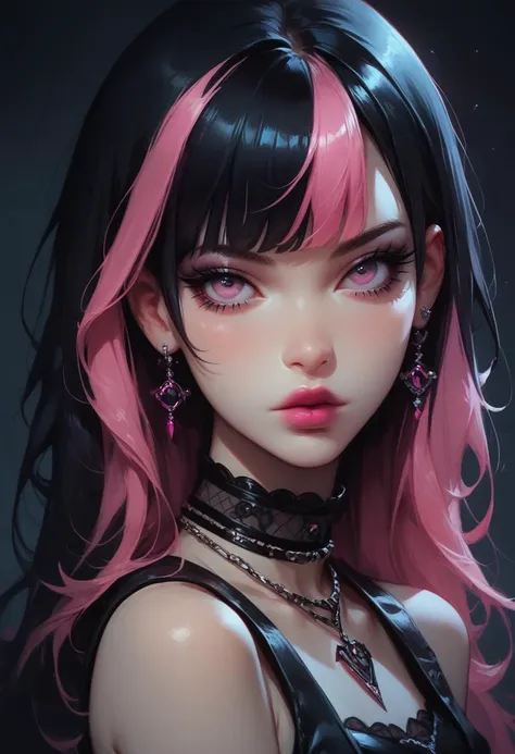 score_9, score_8_up, score_7_up, Goth girl, goth girl 1girl, 1girl,solo,looking at viewer,long hair,bangs,black hair,bare shoulders,jewelry,pink hair,multicolored hair, from above, sleeveless,pink eyes,necklace,two-tone hair,lips,makeup,lipstick,black background,portrait,spot color , upper body, <lora:Goth_girl_XL-v2:0.8>, <lora:Concept Art Twilight Style SDXL_LoRA_Pony Diffusion V6 XL:0.8>, <lora:[GP] somethingweird [Pony XL]:0.2>, <lora:g0th1cPXL:0.3>,