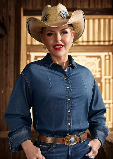 High Fashion, A captivating masterpiece of an woman in a saloon, (((dressed in a denim blouse and a cowboy hat))), half body, glamour, dramatic, studio lighting, looking at viewer, blurred background, 8k, <lora:MS_Bobbi_Shay_V1_32:0.8>, dynamic, dramatic, haute couture, elegant, ornate clothing, High Fashion