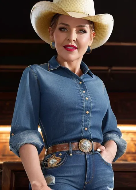 High Fashion, A captivating masterpiece of an woman in a saloon, (((dressed in a denim blouse and a cowboy hat))), half body, glamour, dramatic, studio lighting, looking at viewer, blurred background, 8k, <lora:MS_Bobbi_Shay_V1_32:0.8>, dynamic, dramatic, haute couture, elegant, ornate clothing, High Fashion