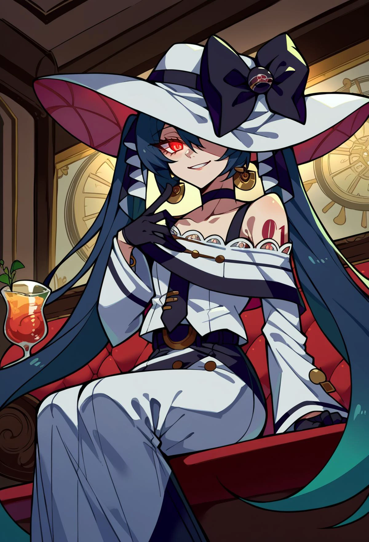 score_9, score_7_up, source_anime, BREAK evil smile, looking at viewer, <lora:projectvoltage_darkmiku_ponyXL:1> darkmiku, red eyes, uneven twintails, white headwear, hat bow, off-shoulder dress, long sleeves, black gloves, earrings, black choker, bare shoulders, art nouveau, indoors, sofa, cocktail glass, table, one eye covered, glowing eye, from below, sitting,