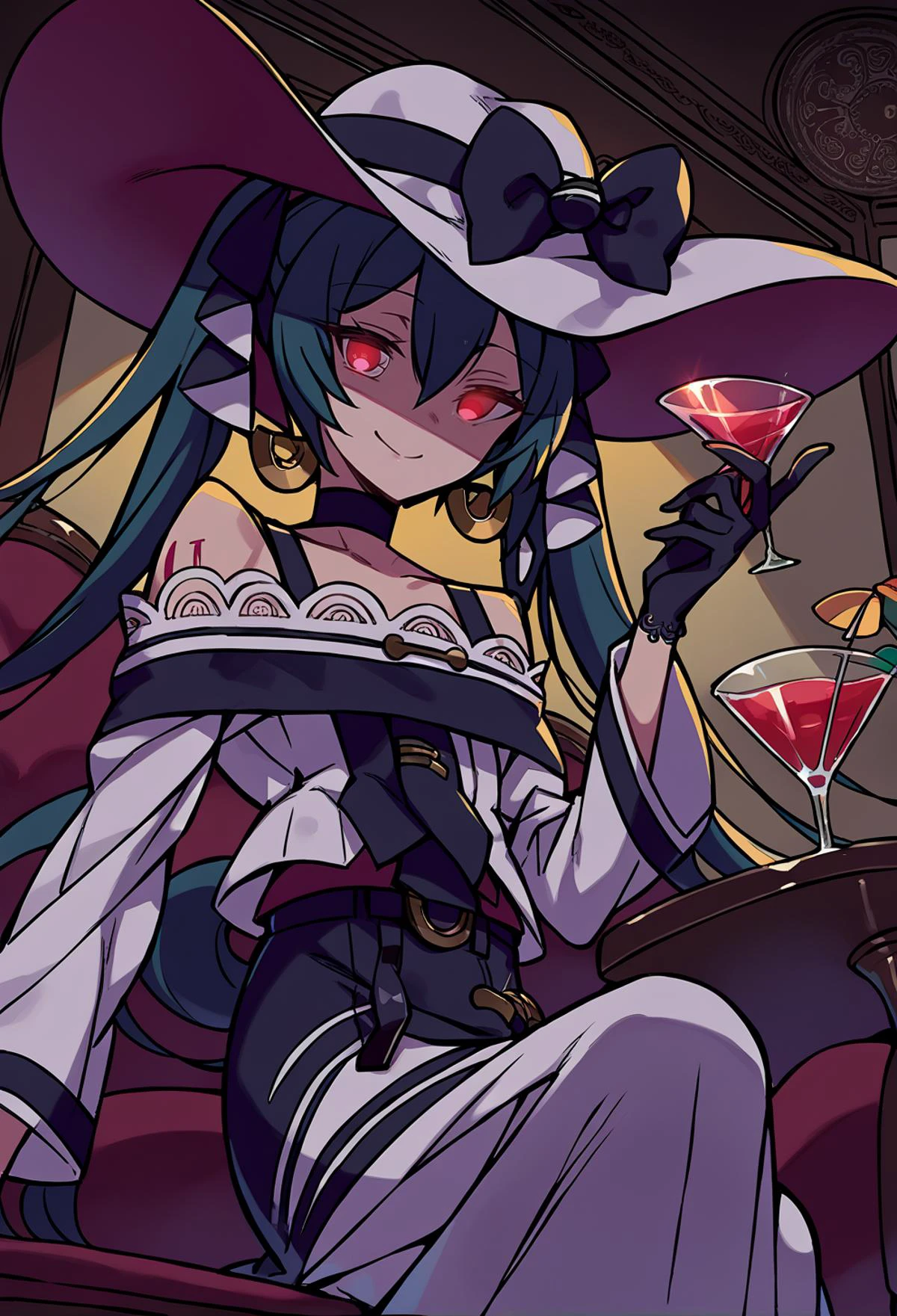 score_9, score_7_up, source_anime, BREAK evil smile, looking at viewer, <lora:projectvoltage_darkmiku_ponyXL:1> darkmiku, red eyes, uneven twintails, white headwear, hat bow, off-shoulder dress, long sleeves, black gloves, earrings, black choker, bare shoulders, art nouveau, indoors, sofa, cocktail glass, table, one eye covered, glowing eye, from below, sitting, <lora:kuroboshi_kouhaku_PonyXL_style_v01:1>