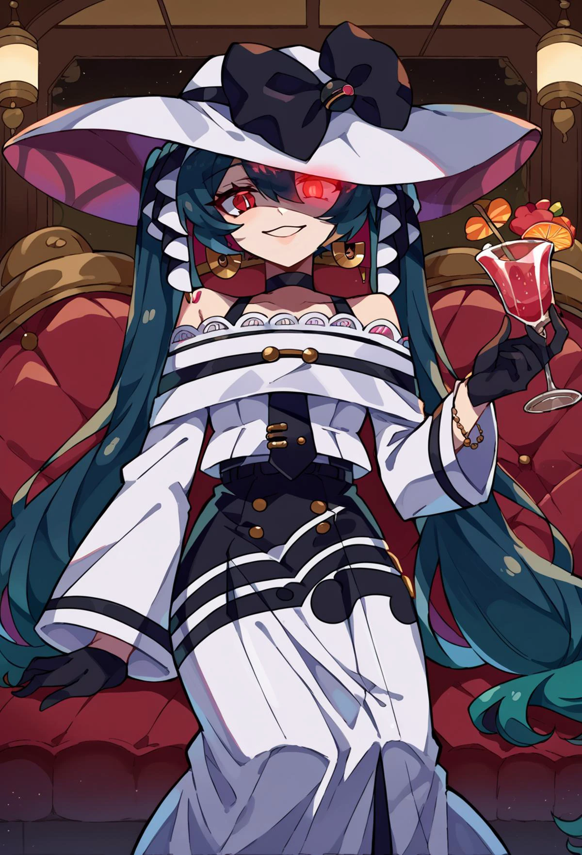 score_9, score_7_up, source_anime, BREAK evil smile, looking at viewer, <lora:projectvoltage_darkmiku_ponyXL:1> darkmiku, red eyes, uneven twintails, white headwear, hat bow, off-shoulder dress, long sleeves, black gloves, earrings, black choker, bare shoulders, art nouveau, indoors, sofa, cocktail glass, table, one eye covered, glowing eye, from below, sitting, <lora:Momoiiroo_Art_Style_PonyXL:0.7> momoiiroo,