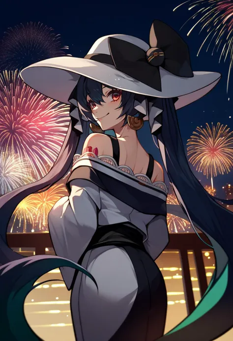 a close up of a woman in a hat and dress with fireworks in the background