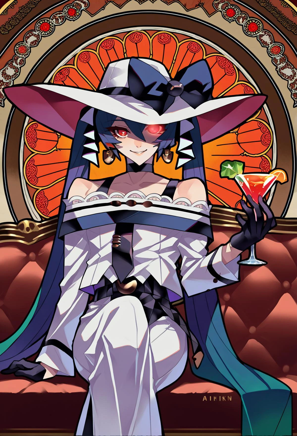 score_9, score_7_up, source_anime, BREAK evil smile, looking at viewer, <lora:projectvoltage_darkmiku_ponyXL:1> darkmiku, red eyes, uneven twintails, white headwear, hat bow, off-shoulder dress, long sleeves, black gloves, earrings, black choker, bare shoulders, art nouveau, indoors, sofa, cocktail glass, table, one eye covered, glowing eye, from below, sitting, <lora:Ban!_(bansankan)_PonyXL_style_v01:1>