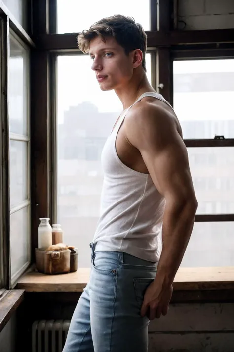 Cameron Monaghan, ((masterpiece)), ((best quality:1.2)), High Resolution, 8k, male focus, (ultra_realistic:1.3), (photorealistic:1.4), sharp focus, 1boy, (perfect face), wide angle, handsome, (((wearing a tight white tank top:1.2))), (((denim jeans:1.2))), ((bulge:1.2)), ((sitting on couch, leaning back with legs spread wide:1.3)), serious expression, defined body, muscular, blue eyes, short red hair, solo, 1boy,pale skin, skinny, good lighting, very pale skin, light skin, model with attractive body,medium bulge and medium butts,(Best quality, 8k, Masterpiece). High Detail , superior quality, natural lighting, beautiful, sexy, correct anatomy, good composition,realistic shapes, realistic skin tones,Natural eyes,realistic eyes,looking up at viewer,vpl,realistic muscles,Realistic wrinkles on the skin,Realistic arms and legs,Realistic face,realistic hair,Make a sexy and seductive face, Clear Focus: 1.2, Perfect Body virile: 1.4 , Slender Abs: 1.2, Highly detailed face and skin texture, detailed eyes, double eyelids, big upper lip, man focus,amazing composition, front view, HDR, volumetric lighting, ultra quality, elegant,Post a erotic photoshoot,Realistic pose,detailed hair,full body,Fujifilm XT3 photorealistic art by midjourney