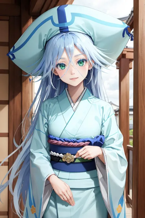 masterpiece, best quality, <lora:kuroageha-nvwls-v1-000009:0.9> kuroageha, green eyes, blue hair, very long hair, blue hat, blue kimono, sash, looking at viewer, japanese architecture, pale skin, smile, cowboy shot