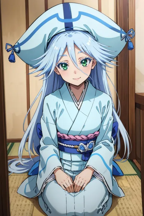 masterpiece, best quality, <lora:kuroageha-nvwls-v1-000009:0.9> kuroageha, green eyes, blue hair, very long hair, blue hat, blue kimono, sash, seiza, looking at viewer, smile, japanese architecture, indoors, from above, smile
