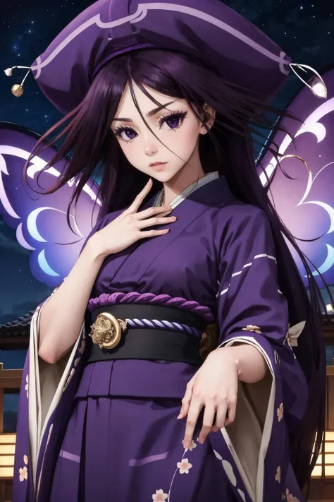 masterpiece, best quality, <lora:kuroageha-nvwls-v1-000009:0.9> altkuroageha, purple eyes, butterfly wings, purple hat, purple hair, purple dress, purple aura, glowing, furrowed brow, night sky, japanese architecture, hand to heart